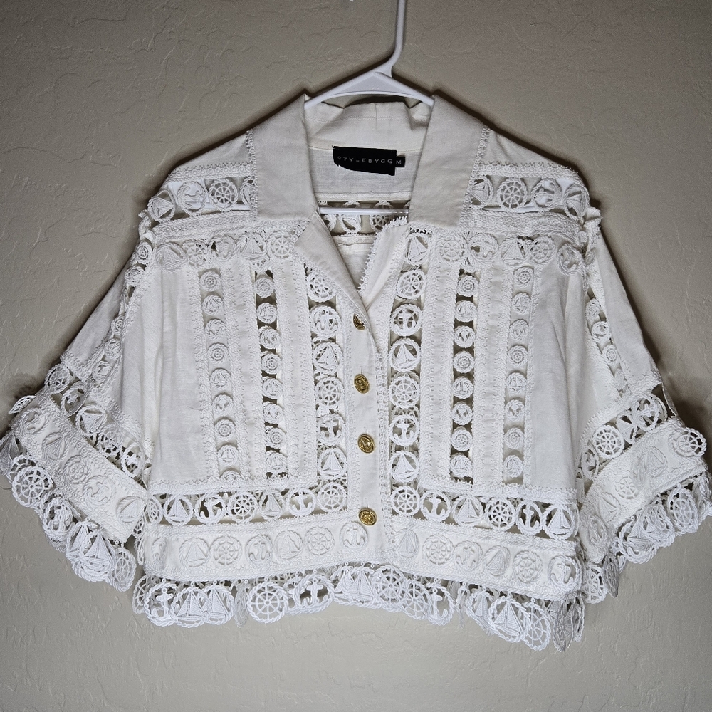 Style by GG Cropped Nautical Jacket Crochet Lace Button Front M